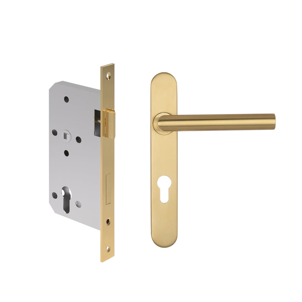 [16305] Davis Entry Door Handle & Lock Set - Brushed Brass