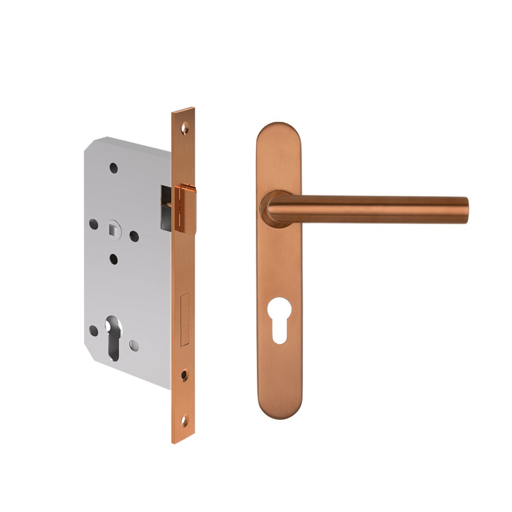 [16306] Davis Entry Door Handle & Lock Set - Brushed Copper
