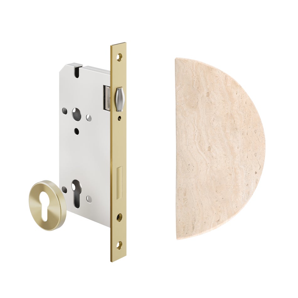 [16782] Travertine Half Moon Entry Door Pull &amp; Lock Set