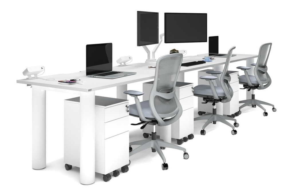Quadro Cylinder Leg 3 Person Run Office Workstations [1400L x 800W with Cable Scallop]