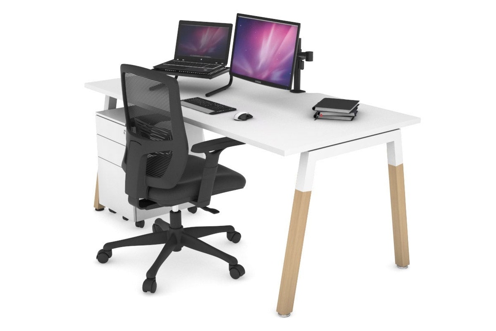 [NONE,QDW1608.W.WT,NONE|0,691,0()] Quadro A Legs Office Desk - Wood Legs Cross Beam [1600L x 800W with Cable Scallop]
