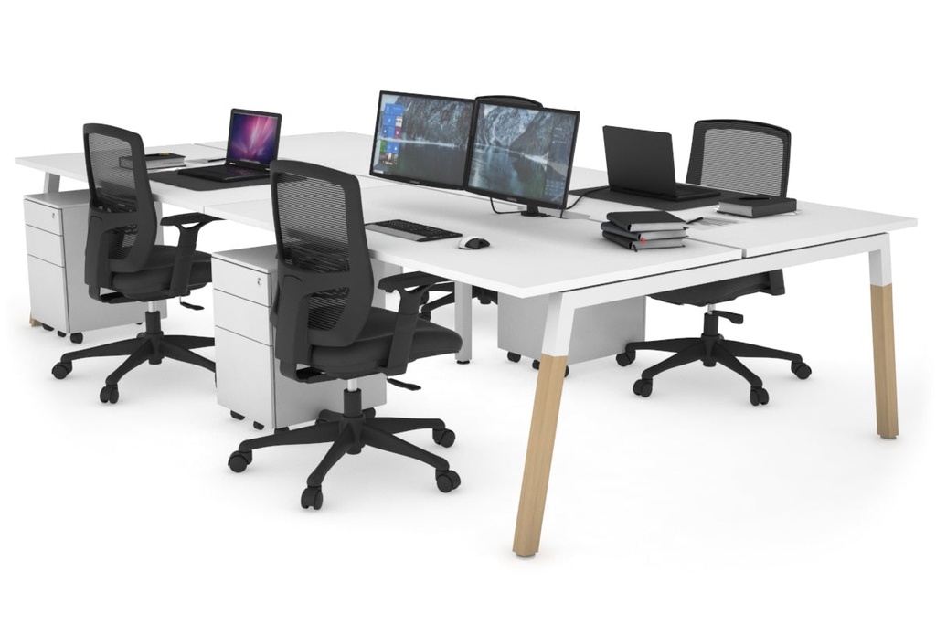 [NONE,QDWB4128.W.WT,NONE|0,1643,0()] Quadro A Legs 4 Person Office Workstation - Wood Legs Cross Beam [1200L x 800W with Cable Scallop]