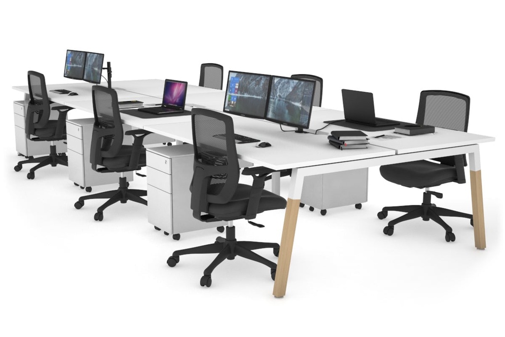 [NONE,QDWB6168.W.WT,NONE|0,2527,0()] Quadro A Legs 6 Person Office Workstation - Wood Legs Cross Beam [1600L x 800W with Cable Scallop]