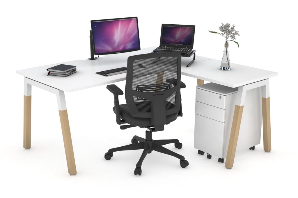 [NONE,QDWL18155.W.WT,NONE|0,1077,0()] Quadro A Legs - L Shaped Corner Office Desk - Wood Legs Cross Beam [1800L x 1550W with Cable Scallop]