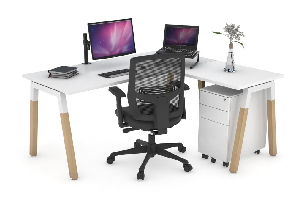 [NONE,QDWL1817.W.WT,NONE|0,1067,0()] Quadro A Legs - L Shaped Corner Office Desk - Wood Legs Cross Beam [1800L x 1700W]