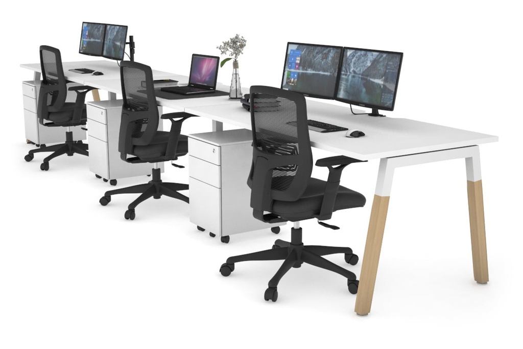 [NONE,QDWR3128.W.WT|0,1432()] Quadro A Legs 3 Person Run Office Workstation - Wood Legs Cross Beam [1200L x 800W with Cable Scallop]