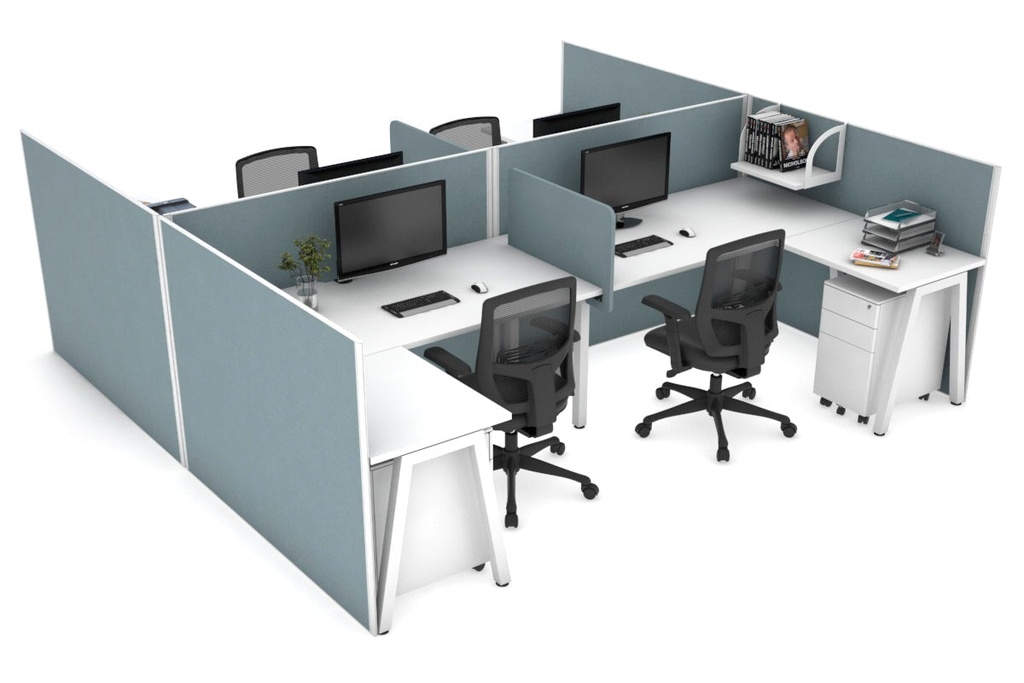 Quadro A Legs 4 Person Corner Workstation - H Configuration - White Frame [1400L x 1800W with Cable Scallop]
