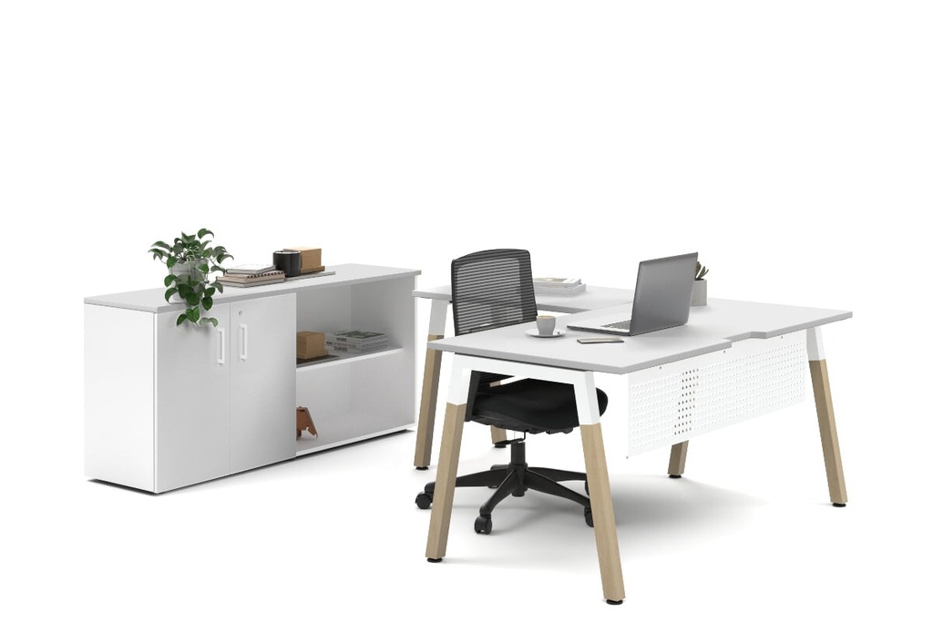 [QDW1618.W.WT,LAT716OSPT.W,NONE|1229,652,0()] Quadro A Legs L-Shaped Executive Setting - Wood Legs White Cross Beam [1600L x 1800W with Cable Scallop]