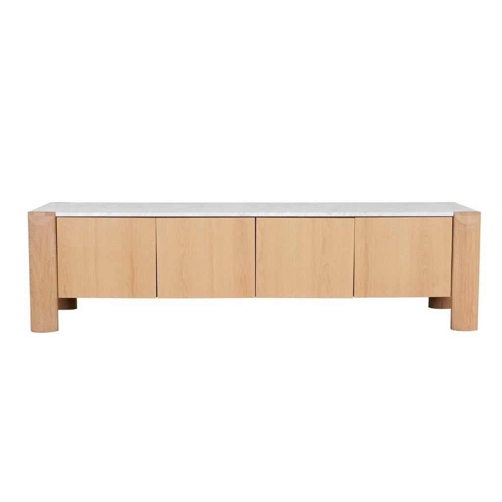 [TV-WILLA-MAR-WHITE-CALACATTA-MARBLE-SATIN-OAK] Will Marble Entertainment Unit - White Calacatta Marble - Satin Oak